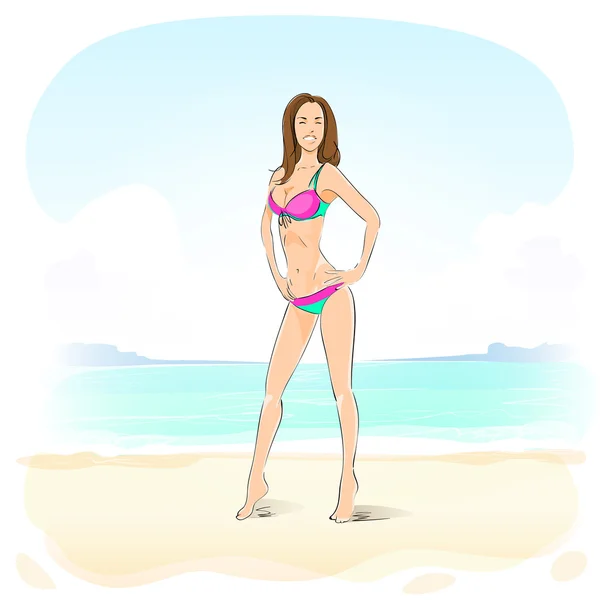 Mooie vrouw op strand — Stockvector