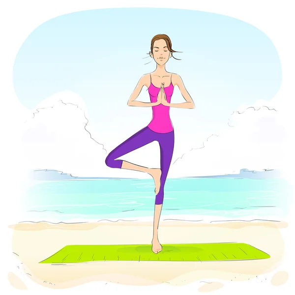 Donna di yoga sulla spiaggia — Vettoriale Stock