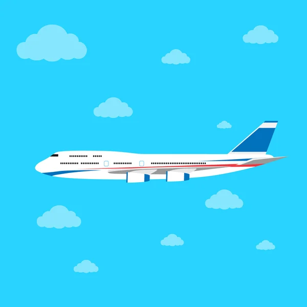 Avión volando en el cielo con nubes — Vector de stock