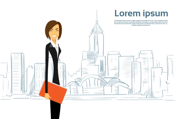 Businesswoman Cartoon over Sketch City — Stock Photo, Image