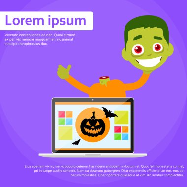 Zombi çocuk kafa ile dizüstü bilgisayar