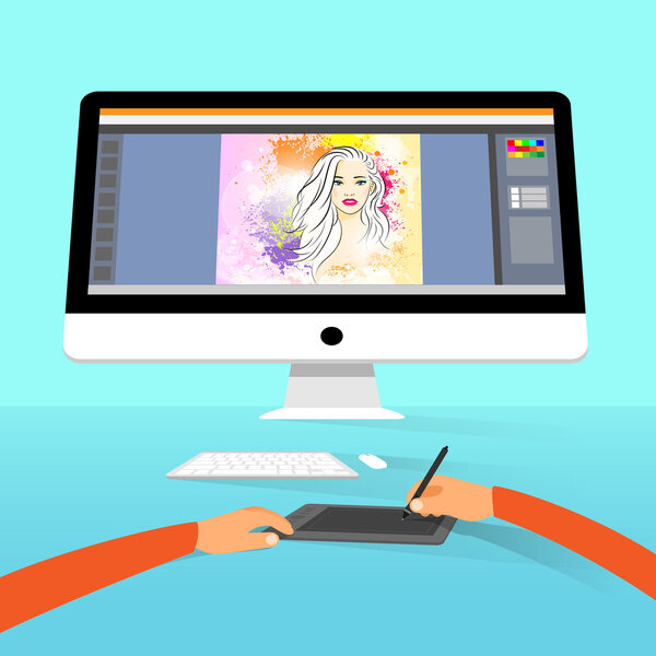 Graphic designer  at desktop and computer screen