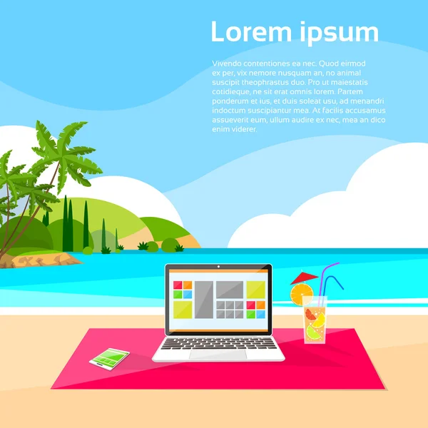 Laptop pe Insula Oceanului tropical — Vector de stoc