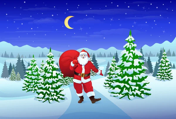 Santa Claus en el bosque de invierno — Vector de stock