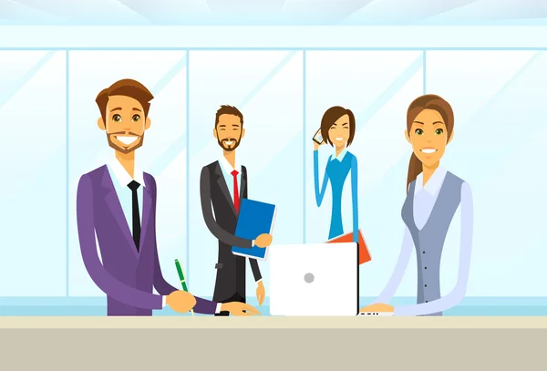 Business People Group Sitting at Office Desk Flat — Stock Vector