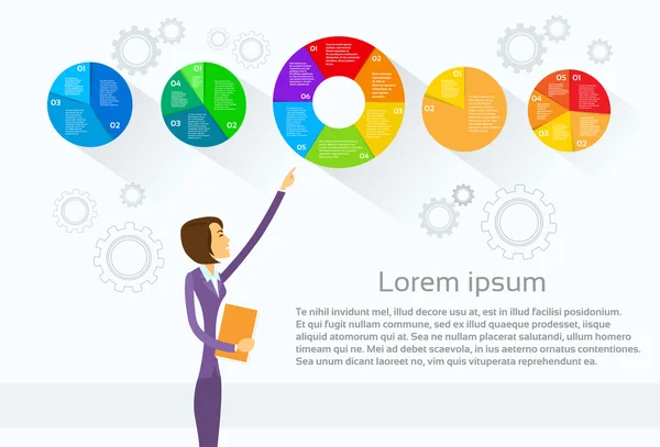 Femme d'affaires montrant des diagrammes de tarte — Image vectorielle