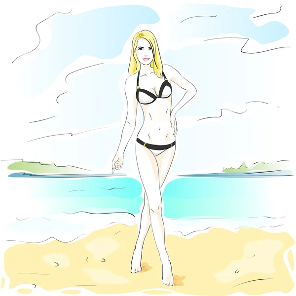 Mujer en traje de baño en la playa — Vector de stock