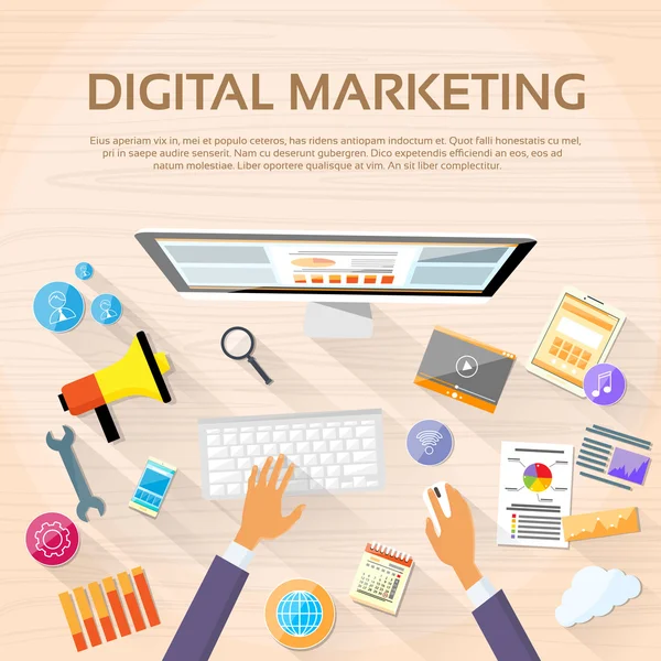 Espacio de trabajo de marketing digital Escritorio — Vector de stock