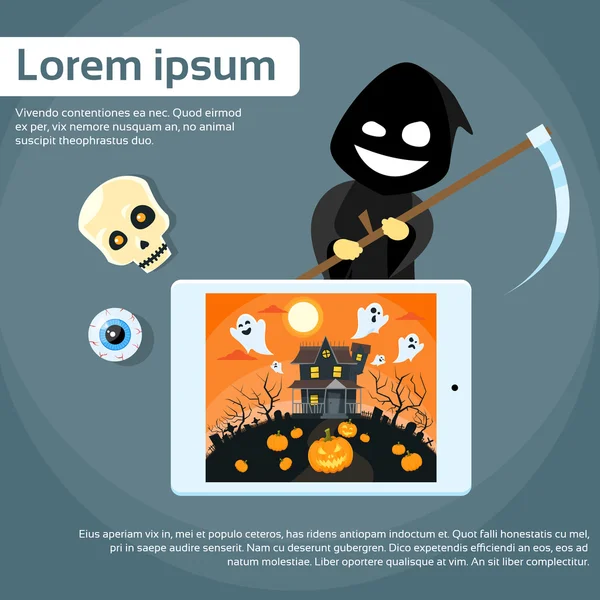 Ordinateur tablette avec Grim Reaper — Image vectorielle