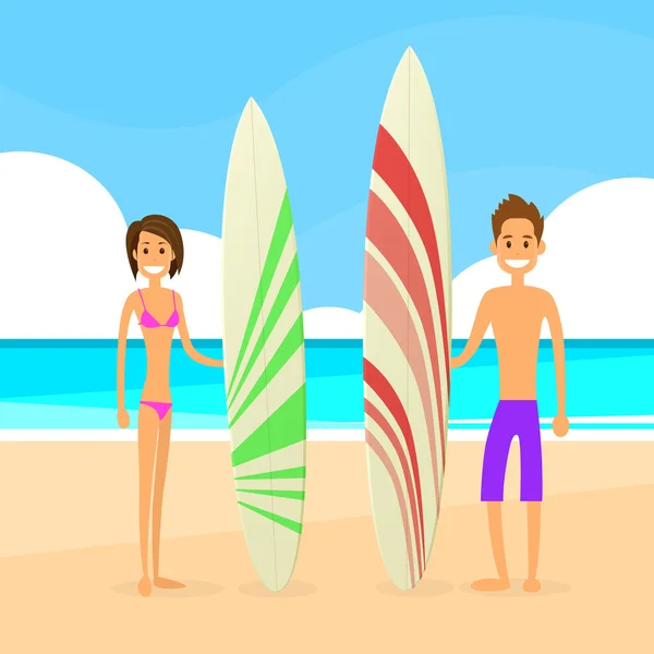 Surfer paar met surfen planken — Stockvector