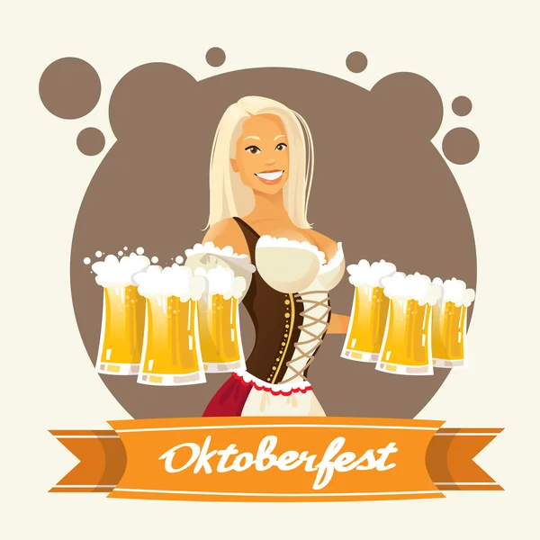 Oktoberfest Festival e Girl Holding Beer — Vetor de Stock