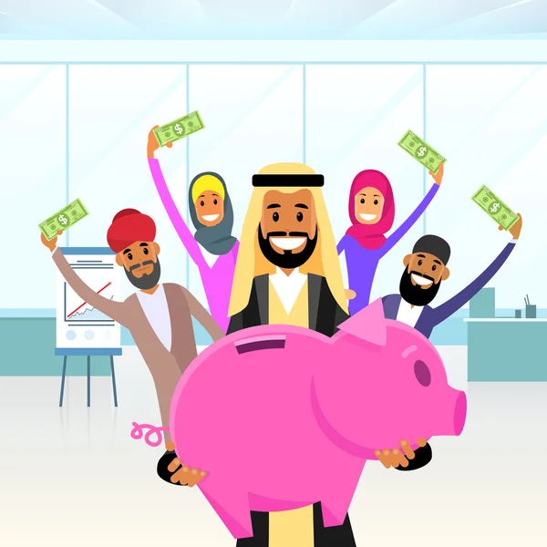 Árabe BusinessPeople Holding Piggy Bank — Vector de stock