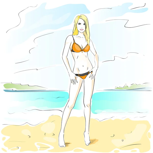 Kobieta w strój kąpielowy na plaży — Wektor stockowy
