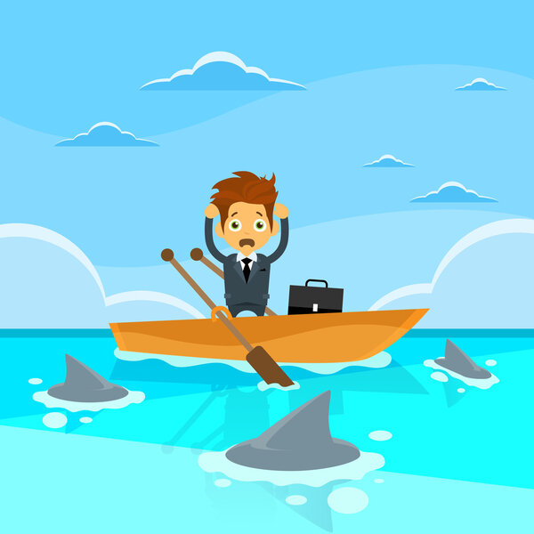 Бизнесмен в морской воде на лодке
