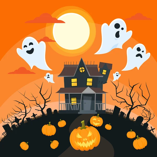 Halloween House com fantasmas — Vetor de Stock