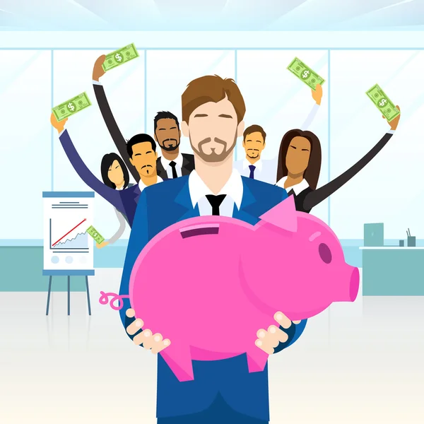 Equipo de gente de negocios y Piggy Bank — Archivo Imágenes Vectoriales