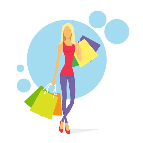 Mujer de compras con bolsas — Vector de stock