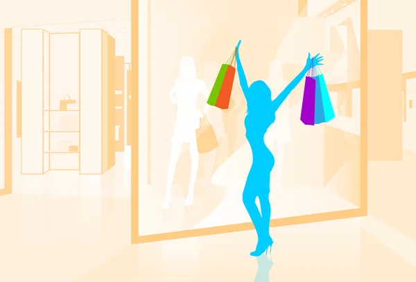 Vrouw wachtruimte shopping tassen — Stockvector