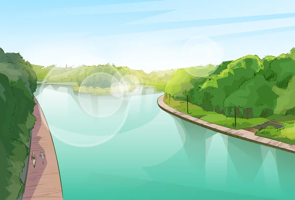 Зелений парк з річки та Синє небо — стоковий вектор