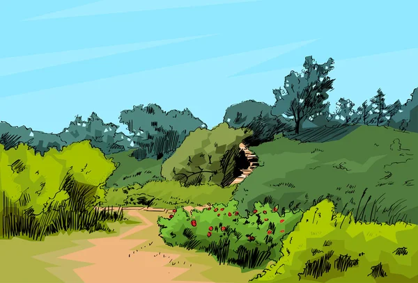 Arbres verts sur fond rural — Image vectorielle