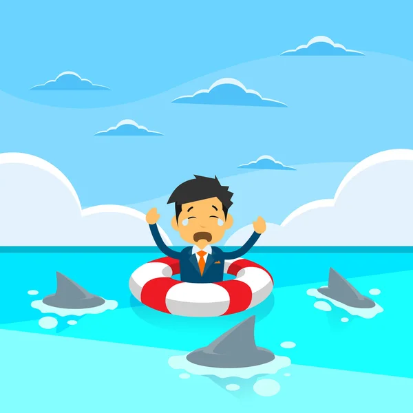 Empresario en Sea Water en Lifebouy — Vector de stock