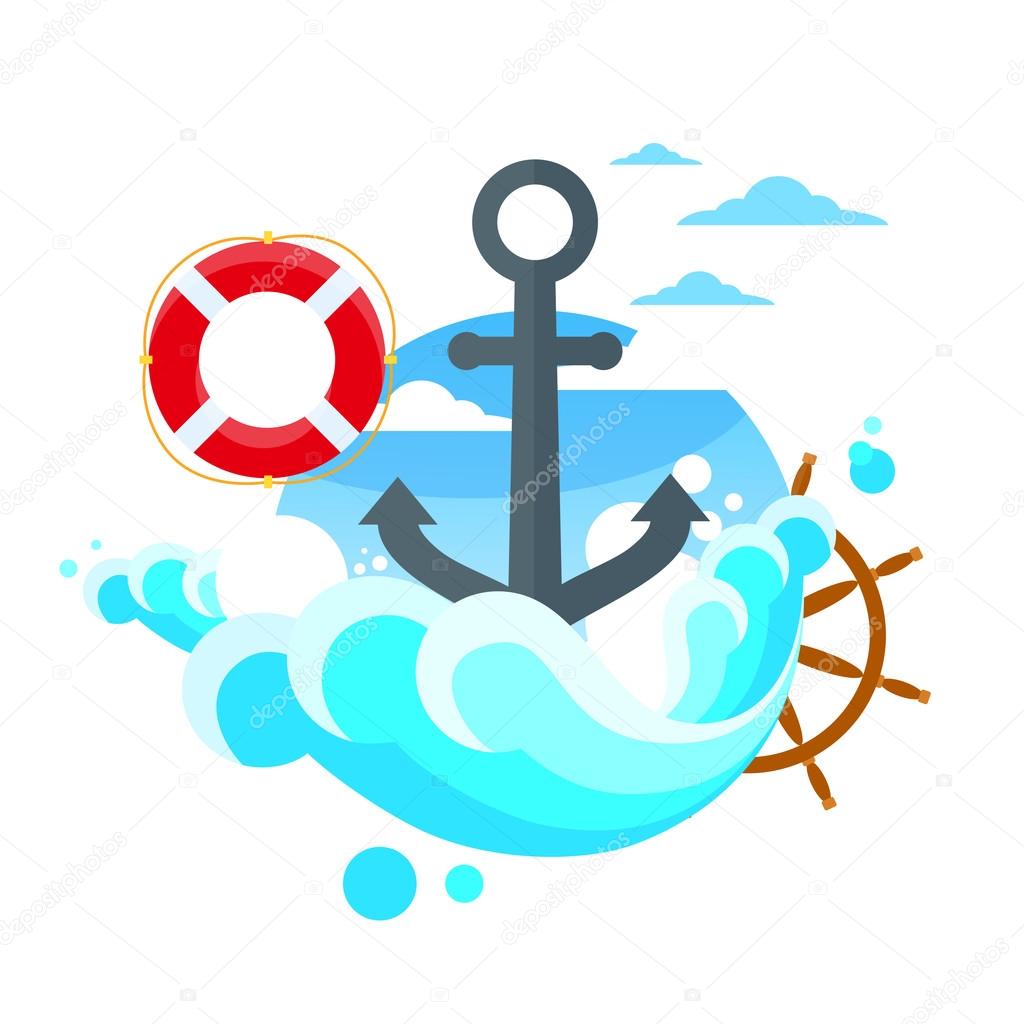 Anchor with Steering Wheel over Sea Blue Flat wave Illustration