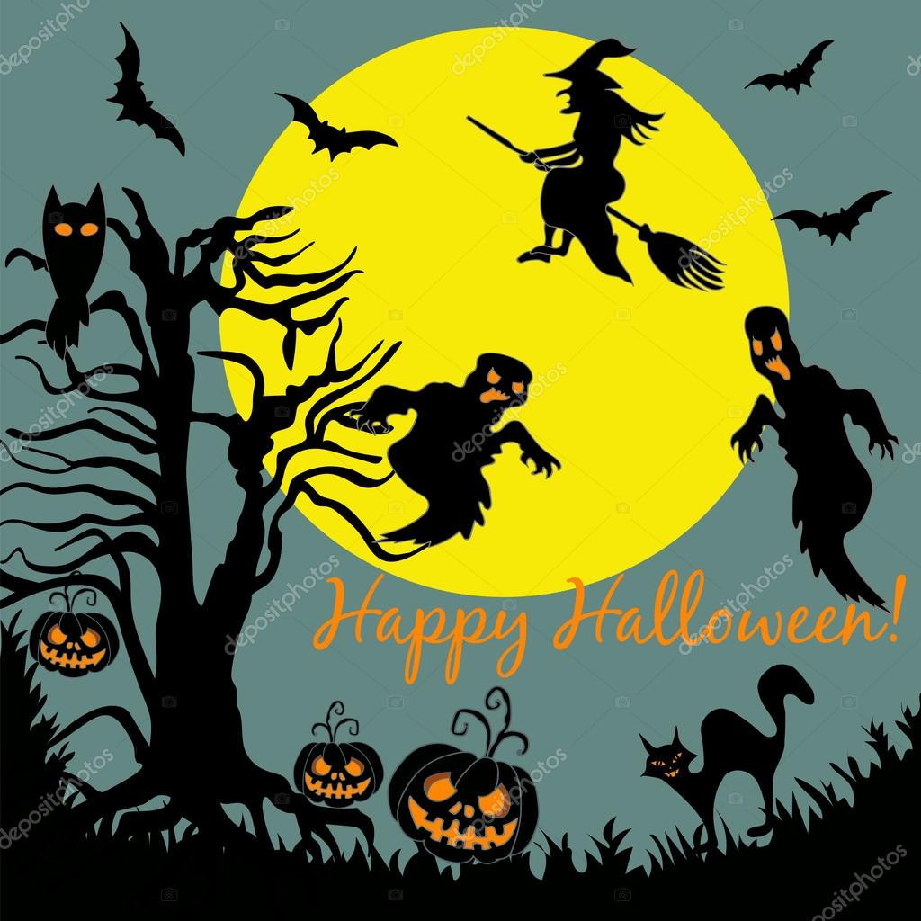 Halloween Tree Flying Witch Ghost over Moon Night Party Card Banner Vector Illustration