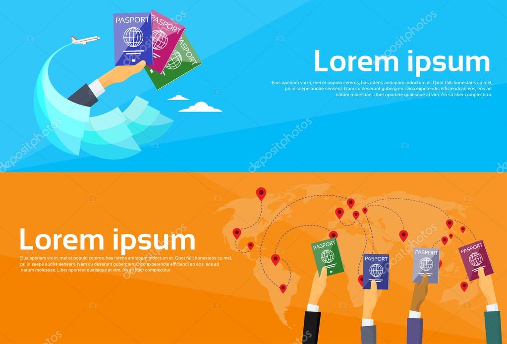 Passports Icon and Hand, Travel Document, Vacation Trip ,Booking, Air Plane, Flight, Logo, Web Banner Set, Flat Vector Illustration