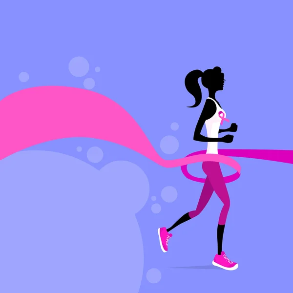 Mujer corriendo con cinta rosa — Vector de stock