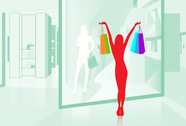 Mujer mantenga bolsas de compras — Vector de stock