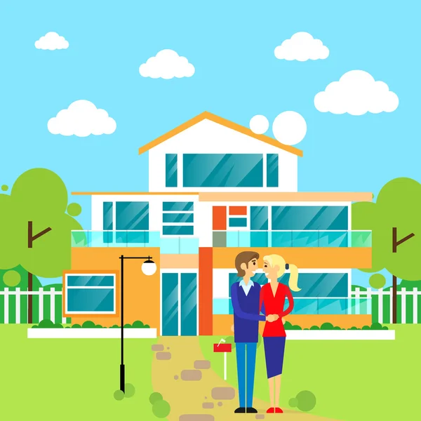 Couple embracing near modern house — Stock Vector