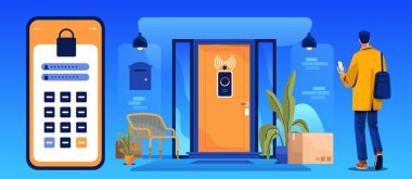 Smart home security access control system app man using mobile phone at front door with wireless lock modern house exterior plants parcel bench blue background Vector illustration