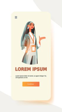 İş kadını mobil uygulaması. Rozeti düz tasarım pastel arka planlı modern profesyonel kadın. UI şablon çizimi.