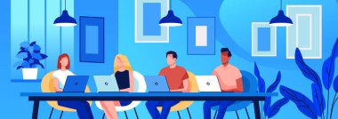 Birlikte çalışan uzay ekibi çalışanları dizüstü bilgisayarlar modern iş yeri mavi iç mekan duvarlar sanat lambaları yaratıcı çevre illüstrasyonları