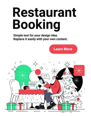 Noel Baba restoranı 2025 Noel yemeği masası dekore edilmiş ağaç hediyeleri dijital rezervasyonlu düz stil web sunucusu illüstrasyonu
