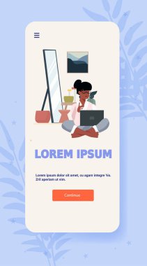 Dizüstü bilgisayarda çalışan ev içi rahat oda aynası sanat minimalist modern düz tasarım mobil uygulama uygulama ekran çizimi