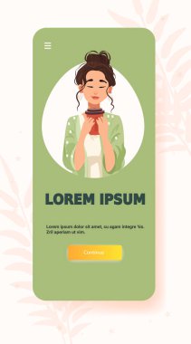 Kahveyi seven kadın rahat yaşam tarzı yeşil arka plan mobil uygulama ekran şablonu çizimi