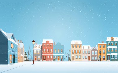 Noel kasabası kar sokağı şenlik evleri kar yağışı mavi gökyüzü sıcacık tatil manzarası renkli binalar lamba direkleri ağaç illüstrasyonları