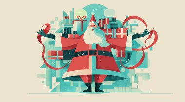 Noel Baba 'nın hediye kutularıyla çevrili yeni yıl kutlaması sahnesi. Soyut geometrik arka plan modern tatil konsepti Vektör illüstrasyonu.