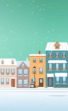 Noel kenti kış manzaralı evler kar yağışı pastel binalar tatil ağacı lambaları arka planda turkuaz arka planda mevsimlik sancak illüstrasyonları