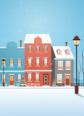 Noel karlı şehir evlerinde kış caddesi manzarası renkli binalar kar taneleri düşen ağaçlar mavi gökyüzü mevsimlik tatil arka plan illüstrasyonları