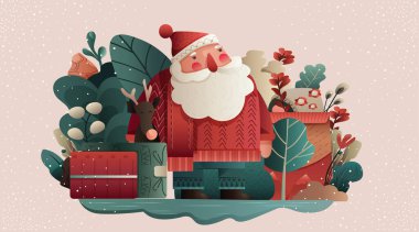 Noel Baba Noel kutlaması kutlaması sahnesi Noel Baba 'nın ren geyikleri kış bitkilerini sunar kar bitkileri soyut arka plan dekoratif süsleme vektör illüstrasyonu