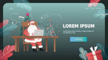 Noel Baba Noel kutlaması çevrimiçi şenlik sahnesi Noel Baba dizüstü bilgisayarlı Noel ağacı hediye kutuları modern web sitesi arayüzü Vector illüstrasyonları