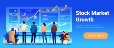 Borsa büyümesi finansal analiz ekibi dijital gösterge paneli grafiklerini, yukarı doğru eğilimleri, mavi arka plan web paneli illüstrasyonunu izliyor