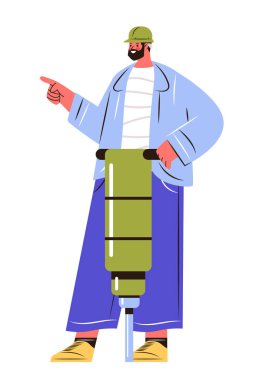 İnşaat işçisi, matkap kaskı kullanıyor modern üniforma, izole edilmiş beyaz arka plan renklendirici illüstrasyon.