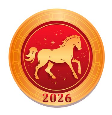 At zodyak Çin Yeni Yılı 2026 altın sikke kırmızı arka plan yıldızları dekoratif sınır kutlama teması Vektör illüstrasyonları