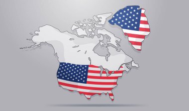Kuzey Amerika üzerinde Birleşik Devletler bayrağı Grönland siyasi haritası fikri düz gri arka plan illüstrasyonunu gösteriyor