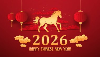 Ateş Atı Çin Yeni Yılı 2026 kırmızı fenerler altın bulutlar bayram arka planı geleneksel Asya sanat temsilcisi illüstrasyonu