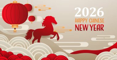 Ateş Atı Çin Yeni Yılı 2026, kırmızı at fenerlerini kutluyor. Soyut dalgaları bulutlandırıyor. Bej arkaplan, bayram bayrağı, taşıyıcı illüstrasyon.