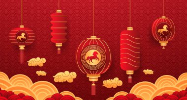 Ateş Atı Çin Yeni Yılı 2026 fenerleri geleneksel kırmızı altın bulutlar şenlik dekoratif arka plan şablonu Vektör çizimi